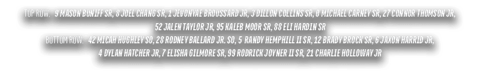 TOP ROW: 9 Mason Buniff SR, 8 Joel Chang SR, 1 Jevonyae Broussard JR, 3 Dillon Collins SR, 0 Michael Carney SR, 27 Co...