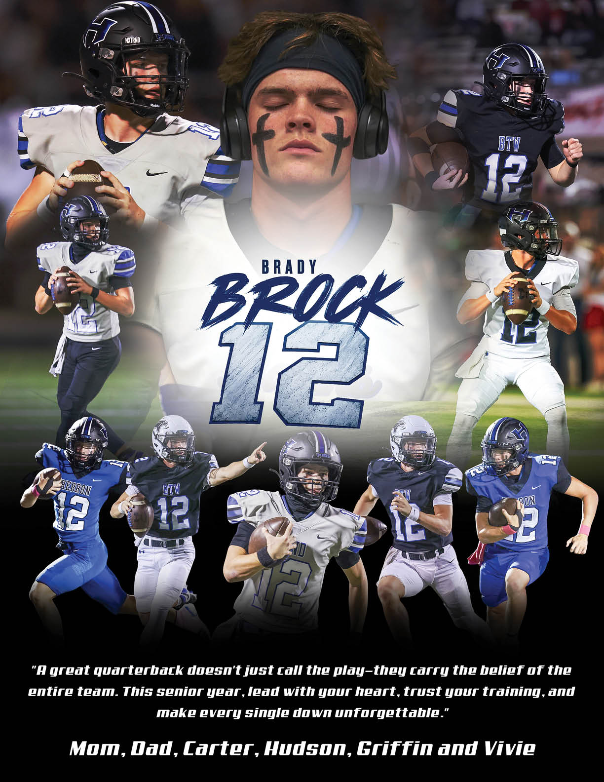 A collage of a person wearing a football uniform with the number 12 in various action poses and a central image with face paint and headphones, accompanied by a motivational quote and names at the bottom. Description generated by AI