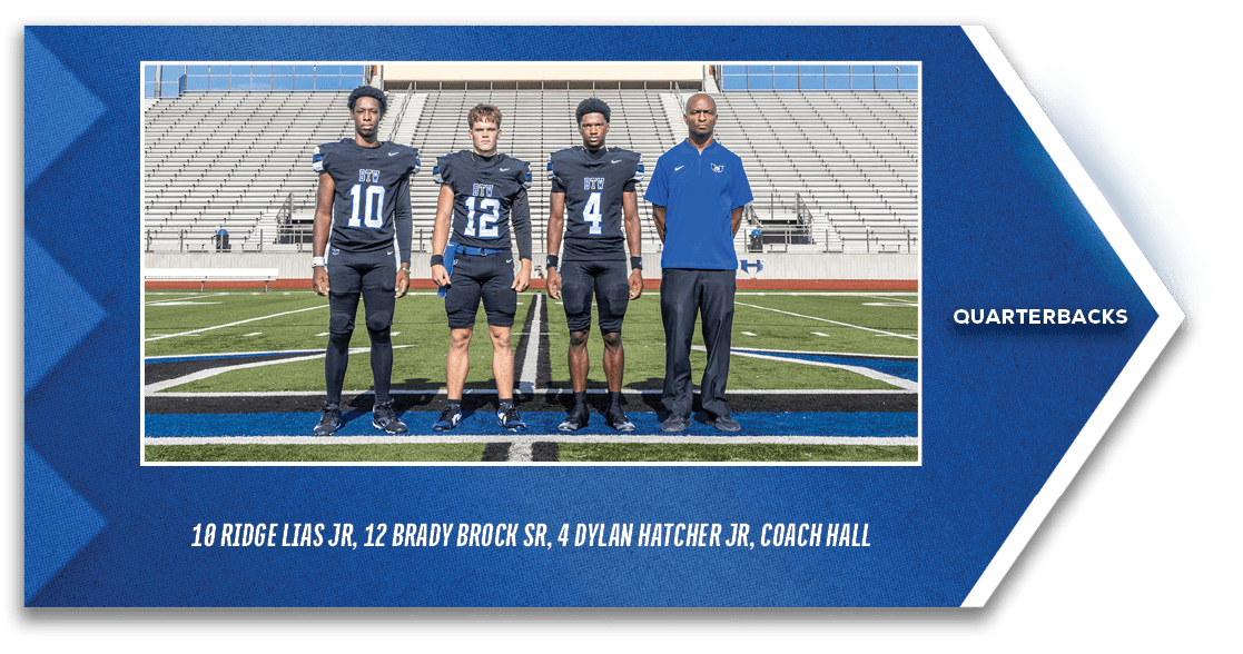 Quarterbacks,10 Ridge Lias JR, 12 Brady Brock SR, 4 Dylan Hatcher JR, Coach Hall,TOP ROW: John Doe, Jason Cooper, Jac...