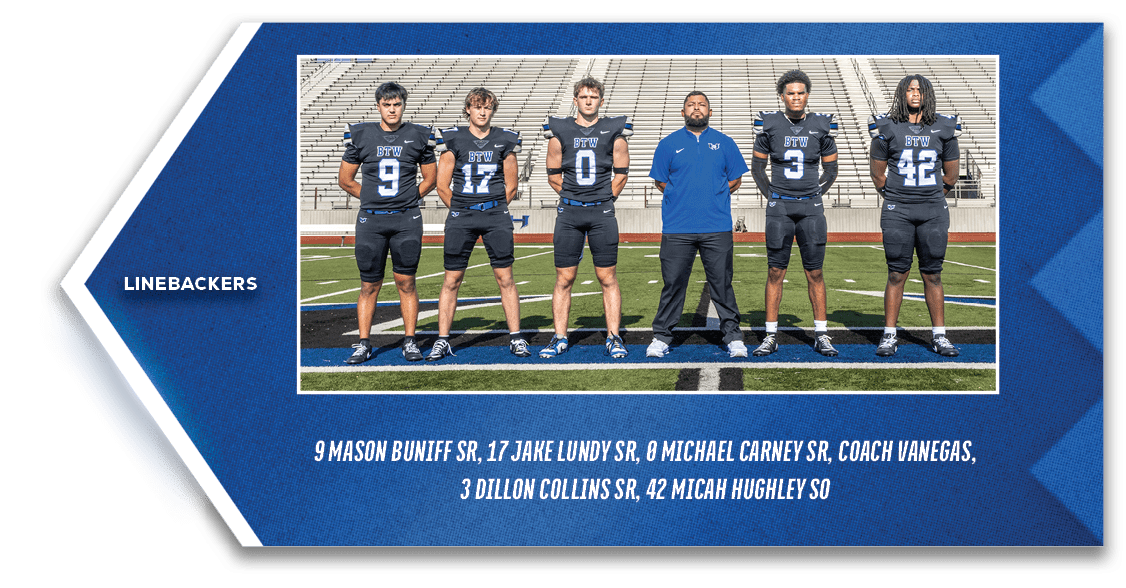 linebackers,9 Mason Buniff SR, 17 Jake Lundy SR, 0 Michael Carney SR, Coach Vanegas, 3 Dillon Collins SR, 42 Micah Hu...