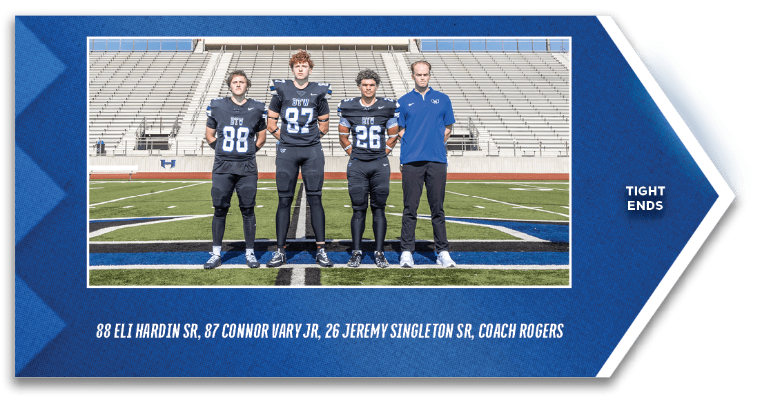 88 Eli Hardin SR, 87 Connor Vary JR, 26 Jeremy Singleton SR, Coach Rogers,TIGHT ENDS,TOP ROW: John Doe, Jason Cooper,...