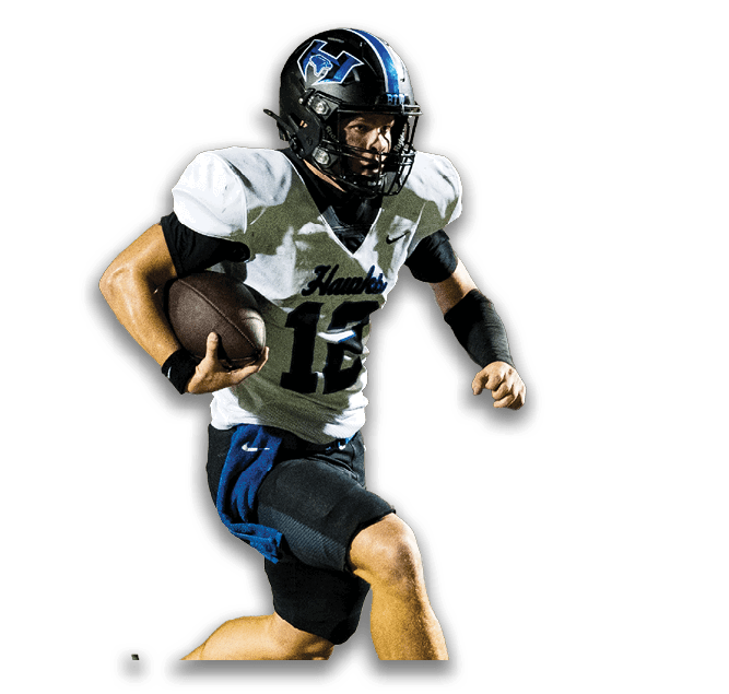 Two people in football uniforms celebrating with one holding a football and the other embracing them. Description generated by AI