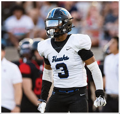 A football player wearing a blue jersey with the number 58 on it. Description generated by AI