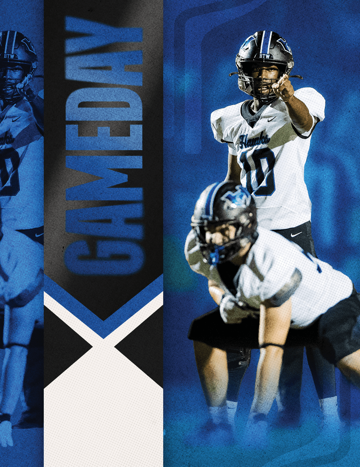 A person wearing a football helmet and white jersey with the number 12 and the word “HAWKS" is adjusting the helmet with both hands against a blue and black background with the word "GAMEDAY" vertically displayed. Description generated by AI