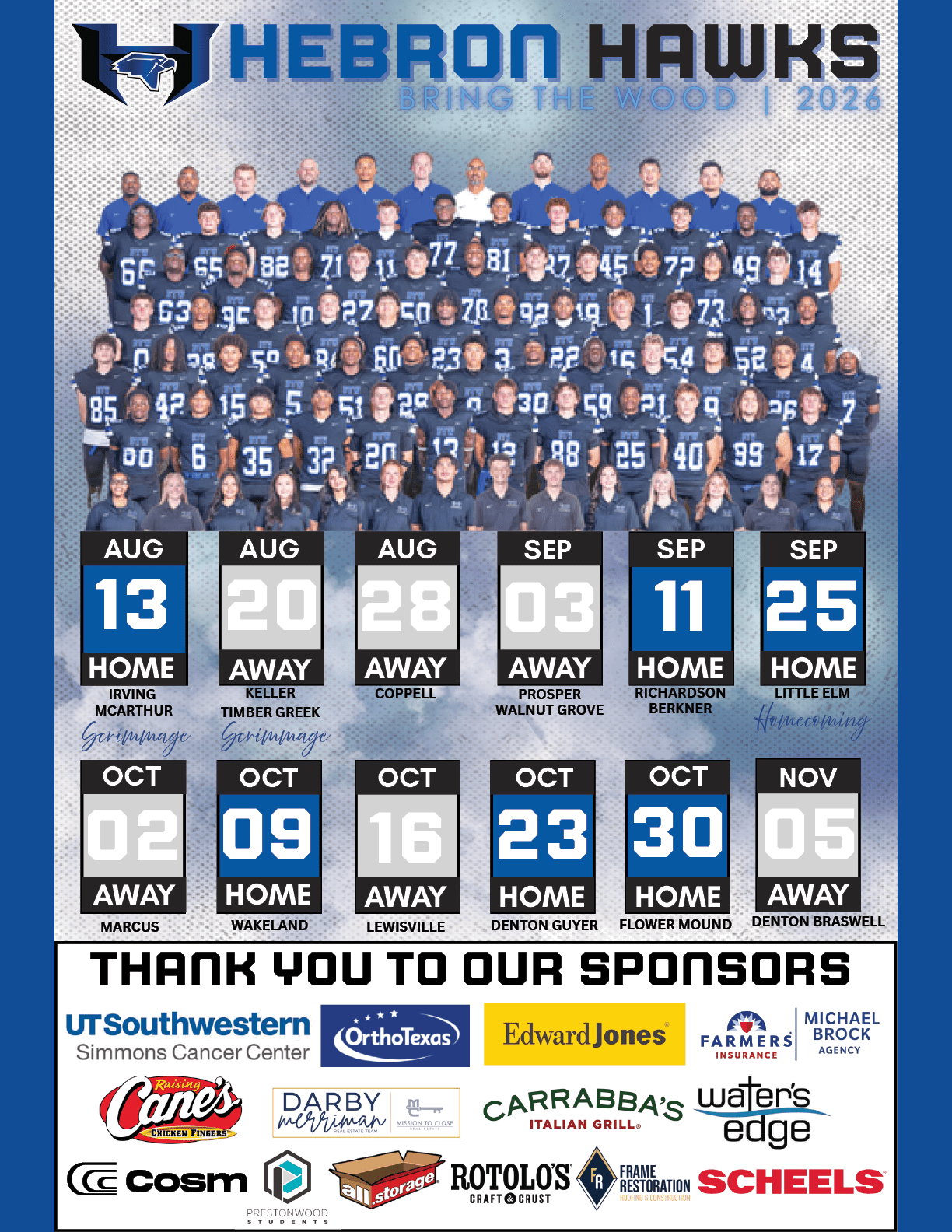 A large group of people in matching sports uniforms pose for a team photo above a schedule of football games for the Hebron Hawks with dates, opponents, and home or away status, along with a thank you message to various sponsors at the bottom. Description generated by AI