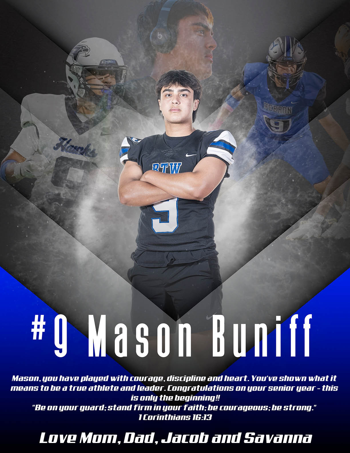 A person in a football uniform stands confidently with arms crossed in front of a background featuring multiple action shots of the same person playing football, accompanied by a motivational message and family love. Description generated by AI