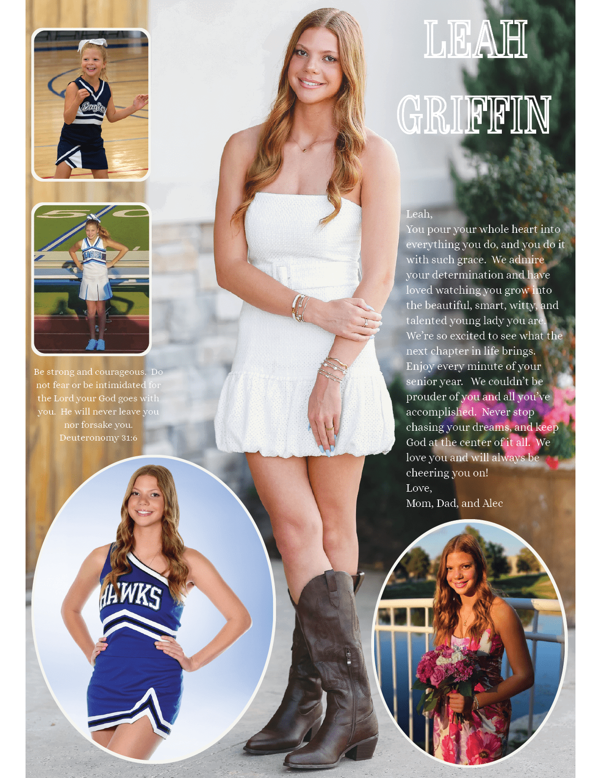 An adult with long hair wearing a white dress and boots stands smiling in a garden setting surrounded by smaller images of the same person in a cheerleading uniform and a motivational message. Description generated by AI
