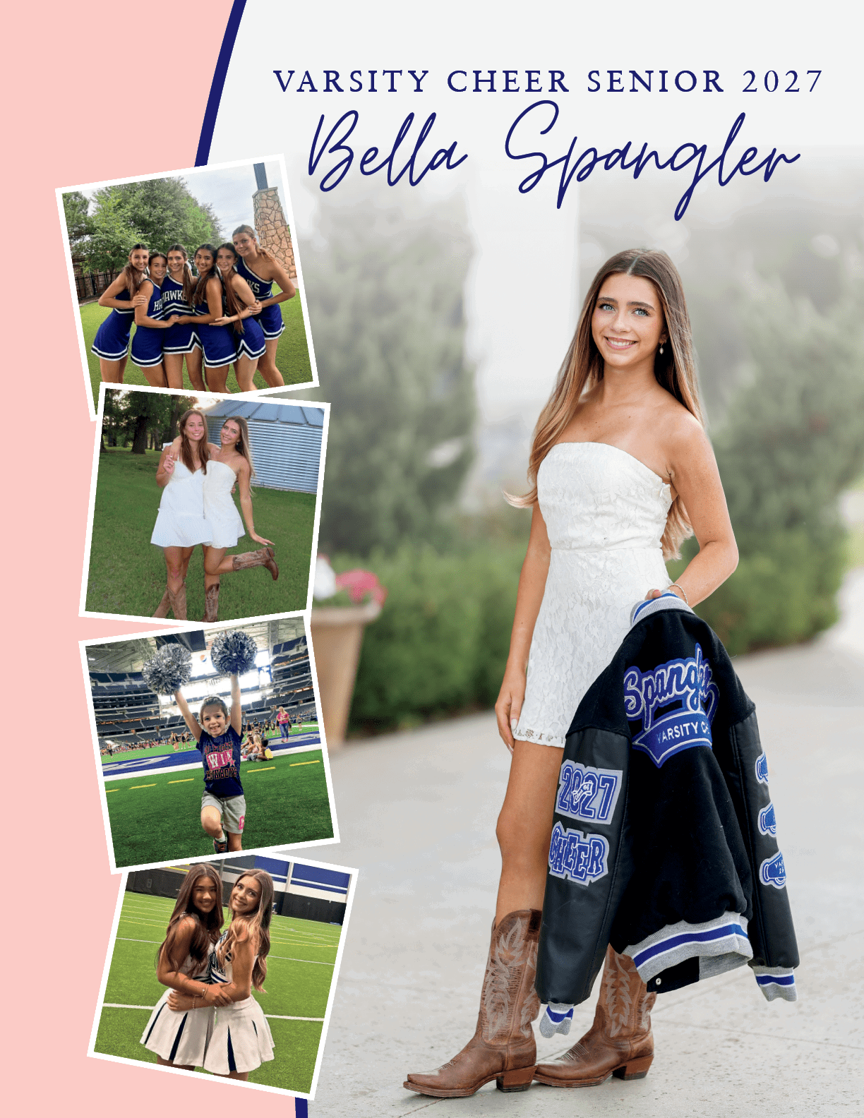 A senior cheerleader in a white dress and cowboy boots holds a varsity jacket while standing outdoors with smaller photos of cheerleading moments arranged on a pink background. Description generated by AI