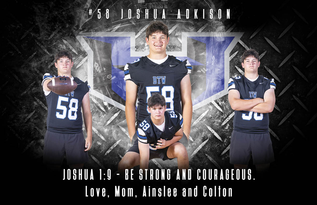Four people wearing matching black sports uniforms with the number 58 and the letters BTW pose confidently against a dark textured background with a large stylized H, accompanied by the text encouraging strength and courage from family members. Description generated by AI