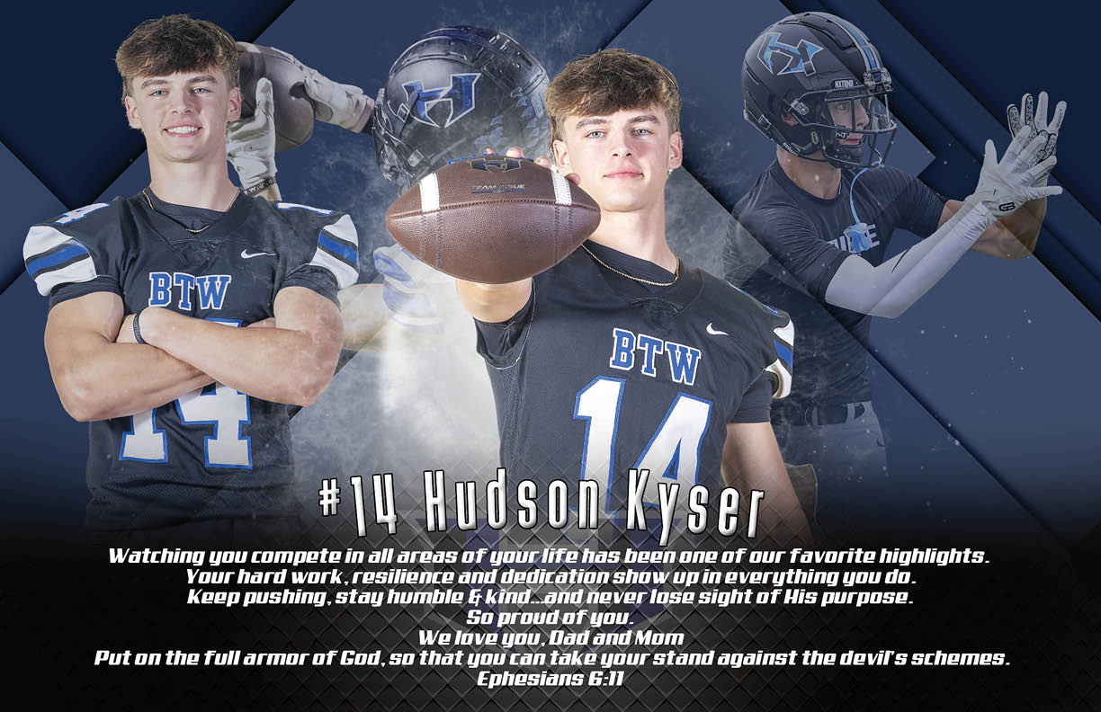 A person wearing a black sports jersey with the number 14 and the letters BTW is shown in three poses with a football, accompanied by a motivational message about dedication, hard work, and faith. Description generated by AI