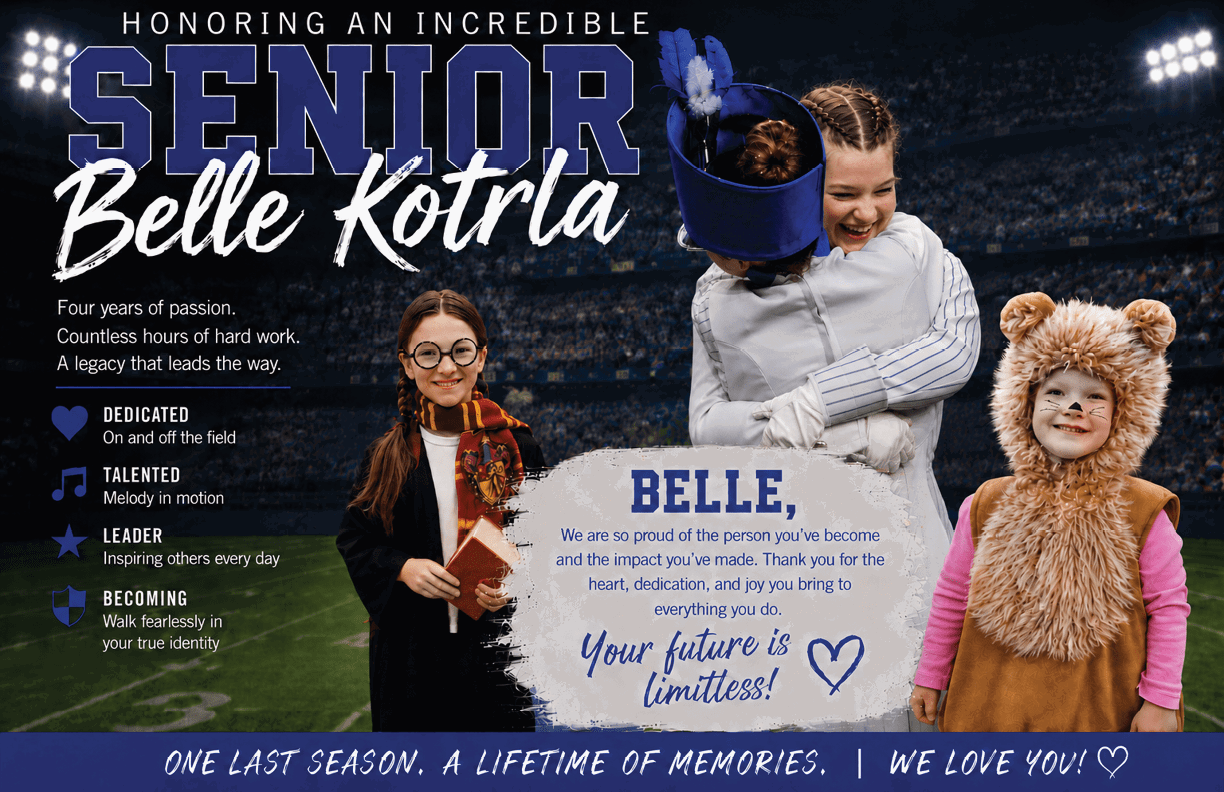 A celebratory graphic honors a senior named Belle Kotrla with three people dressed in costumes including a wizard, a person in a furry animal outfit, and a person holding a book and flowers, alongside a heartfelt message about Belle's future and impact. Description generated by AI