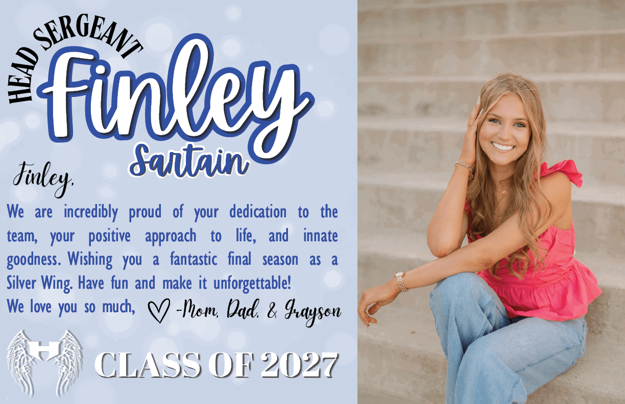 A person with long hair wearing a pink sleeveless top and blue jeans is sitting on outdoor steps smiling next to a blue graphic congratulating Head Sergeant Finley Santain from the Class of 2027 with a heartfelt message from family. Description generated by AI