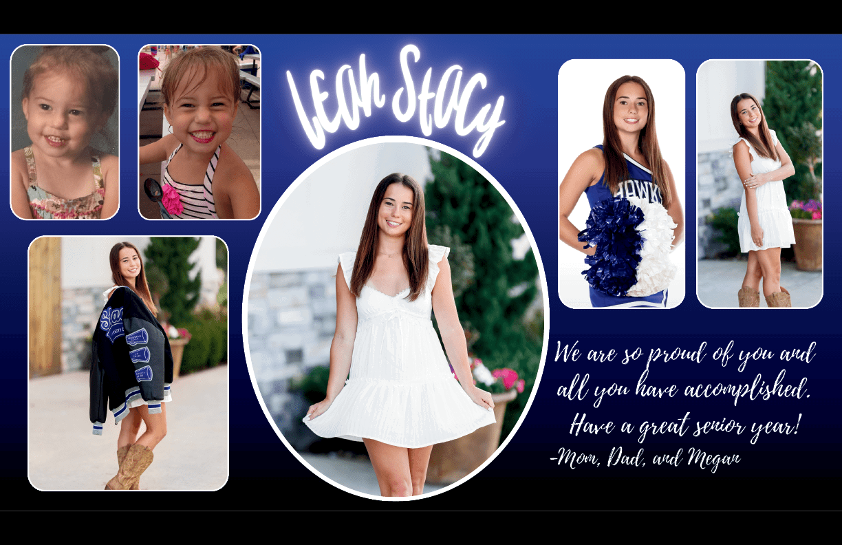 A collage of a person at different ages and stages, including childhood and senior year, with the person wearing casual and cheerleading outfits, accompanied by a congratulatory message from family. Description generated by AI