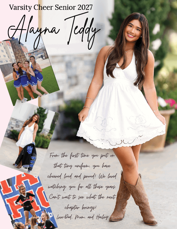 A person with long hair wearing a white dress and brown boots stands smiling outdoors next to a stone wall with three smaller photos showing cheerleading and casual moments, accompanied by handwritten text celebrating a varsity cheer senior for 2027. Description generated by AI