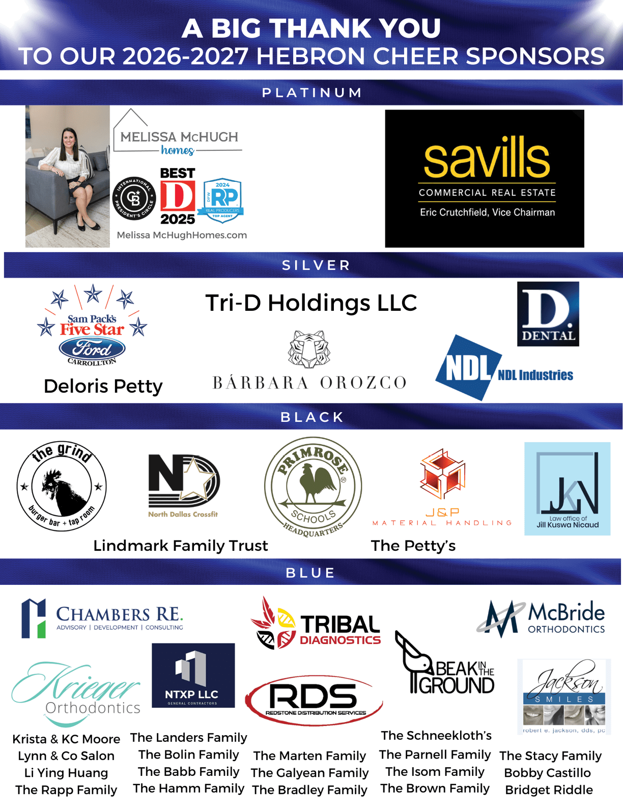 A colorful sponsor thank you banner for the 2026-2027 Hebron Cheer featuring multiple company logos and names organized by platinum, silver, black, and blue levels. Description generated by AI