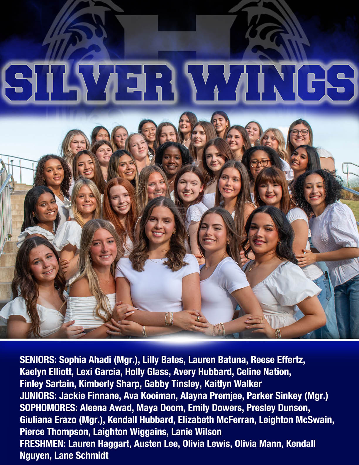 A group of smiling people posing closely together outdoors with the word SILVER in bold letters above them against a dark background. Description generated by AI