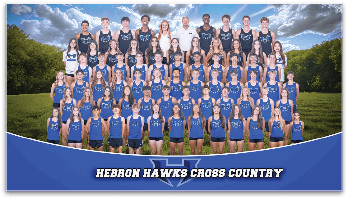 A large group of people wearing matching blue athletic uniforms pose outdoors on grass under a partly cloudy sky with a banner reading Hebron Hawks Cross Country. Description generated by AI