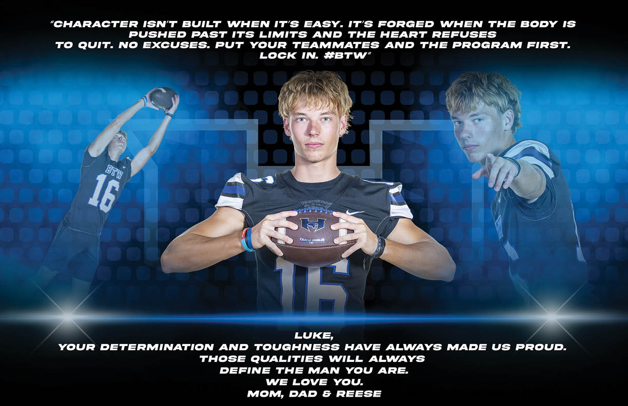 A person wearing a sports jersey with the number 16 is shown in three poses holding and pointing with a football, accompanied by motivational text about determination and character. Description generated by AI