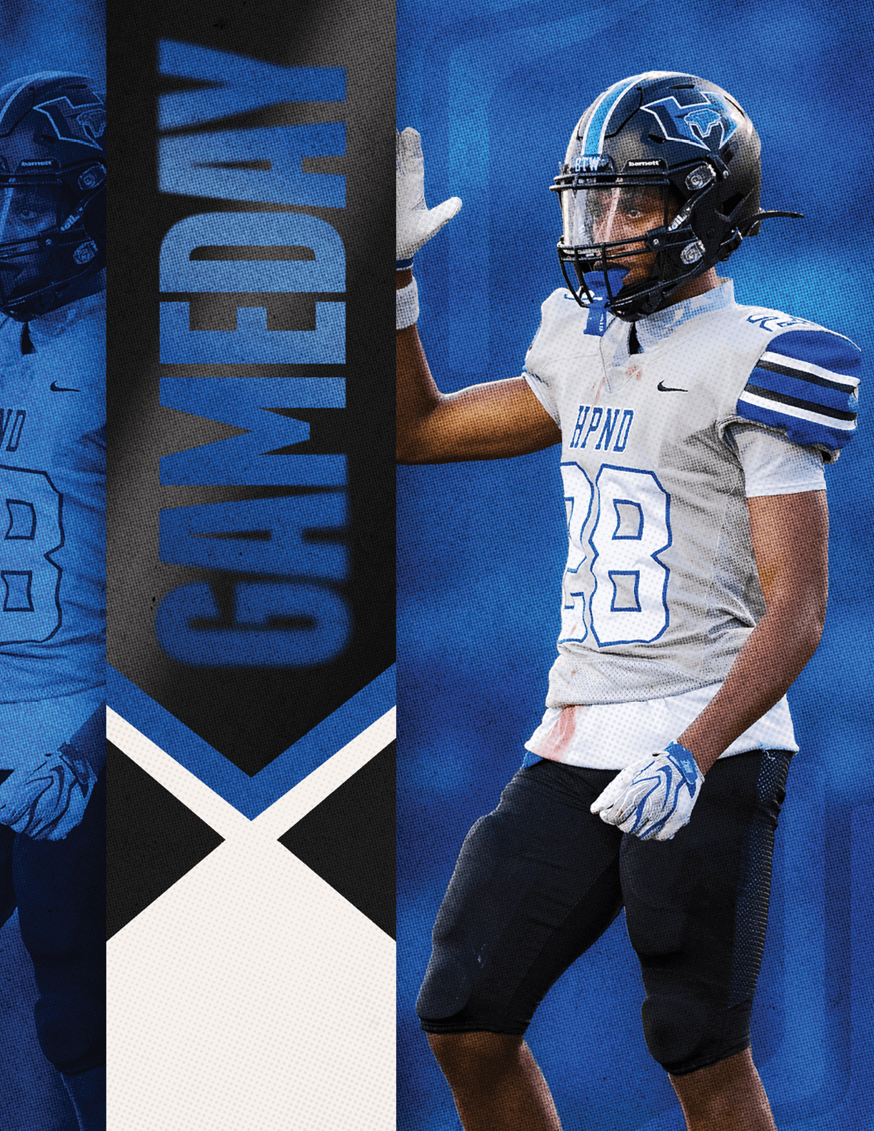 A person in a football uniform with the number 28 is raising one hand next to a vertical banner that says GAMEDAY. Description generated by AI