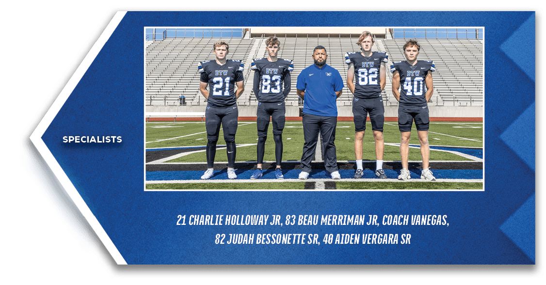 SPECIALISTS,21 Charlie Holloway JR, 83 Beau Merriman JR, Coach Vanegas, 82 Judah Bessonette SR, 40 Aiden Vergara S