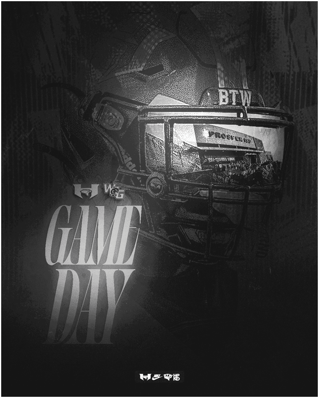 A stylized graphic of a football helmet with the words “GAME DAY" prominently displayed in bold letters. Description generated by AI