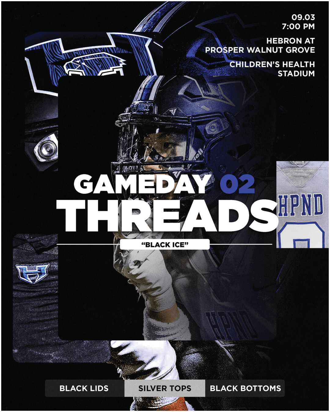 A football player wearing a helmet and gloves is featured in a promotional graphic for a game day event called “Black Ice" with details about the date, time, and location at Hebron at Prosper Walnut Grove Children's Health Stadium. Description generated by AI