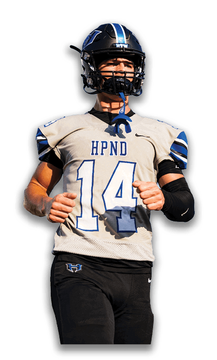 A person wearing a football uniform with a helmet and the number 4 on the jersey is standing against a white background. Description generated by AI