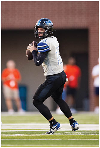 A person wearing a football uniform and helmet is preparing to throw a football on a field with a blurred background. Description generated by AI