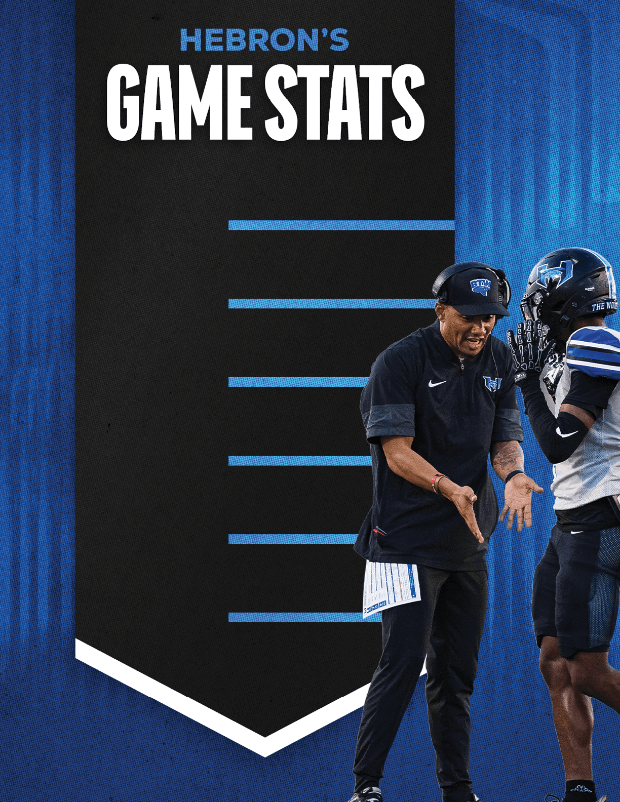 Two people in sports attire are engaged in an animated conversation in front of a graphic banner titled “Hebron's Game Stats." Description generated by AI