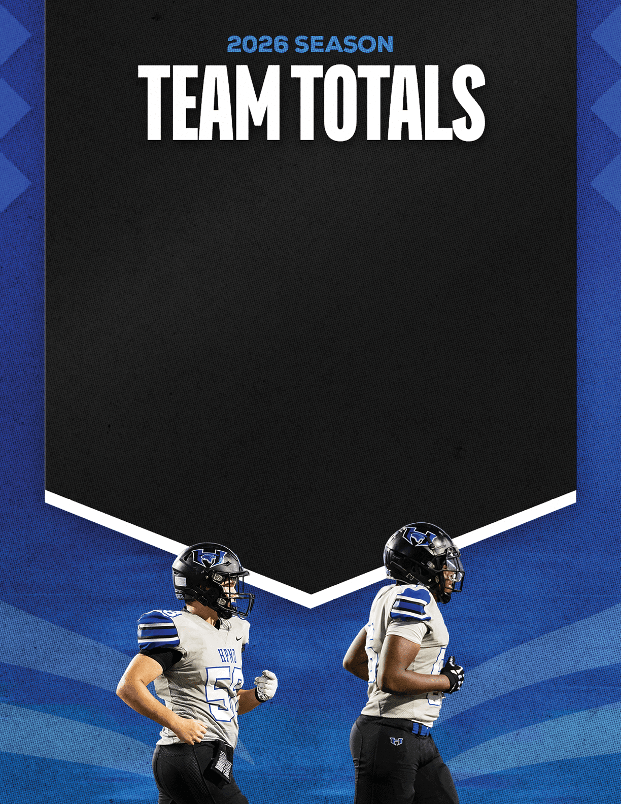 Two people in football uniforms and helmets stand side by side against a blue background with a black banner above them reading 2026 season team totals. Description generated by AI