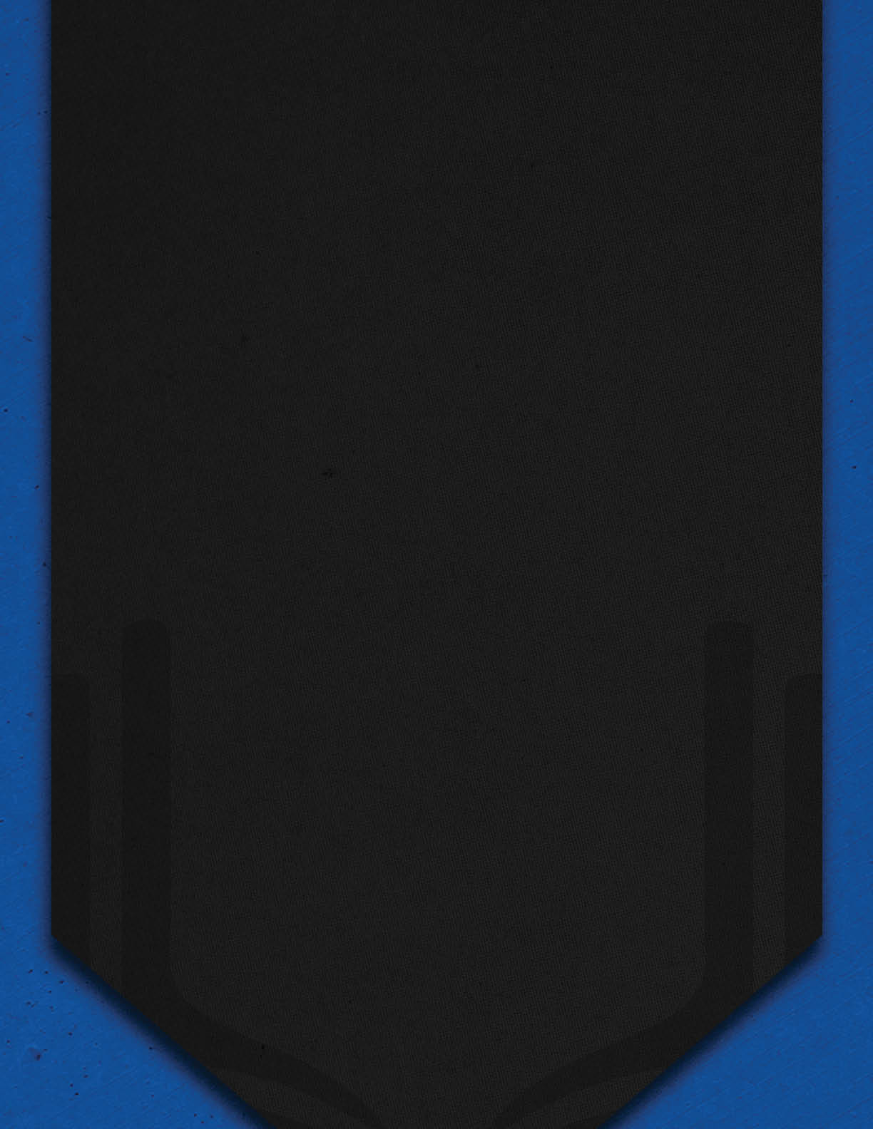 A black, vertically elongated shape with a pointed bottom edge is set against a textured blue background. Description generated by AI