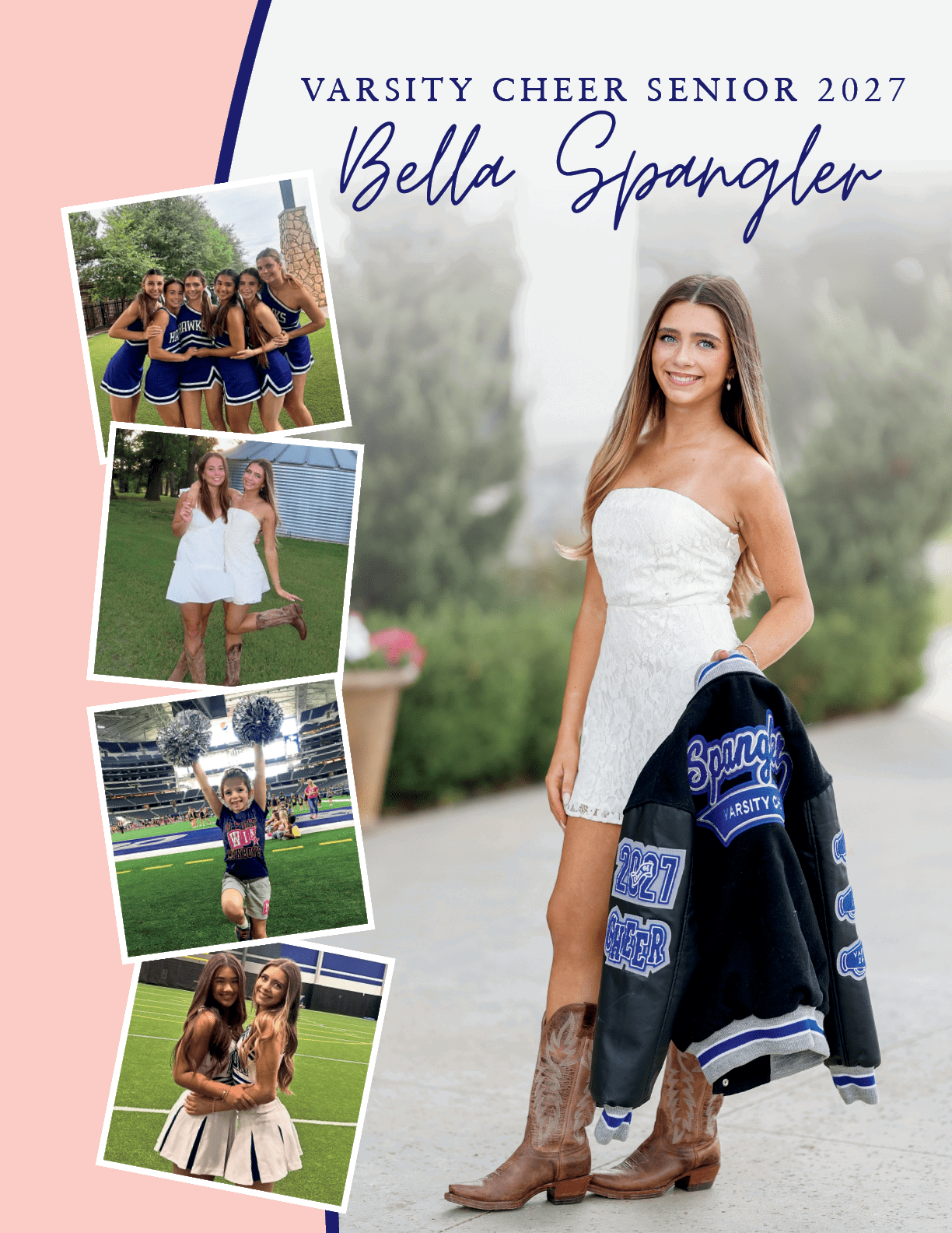 A senior cheerleader in a white dress and cowboy boots holds a varsity jacket while standing outdoors with smaller photos of cheerleading moments arranged on a pink background. Description generated by AI