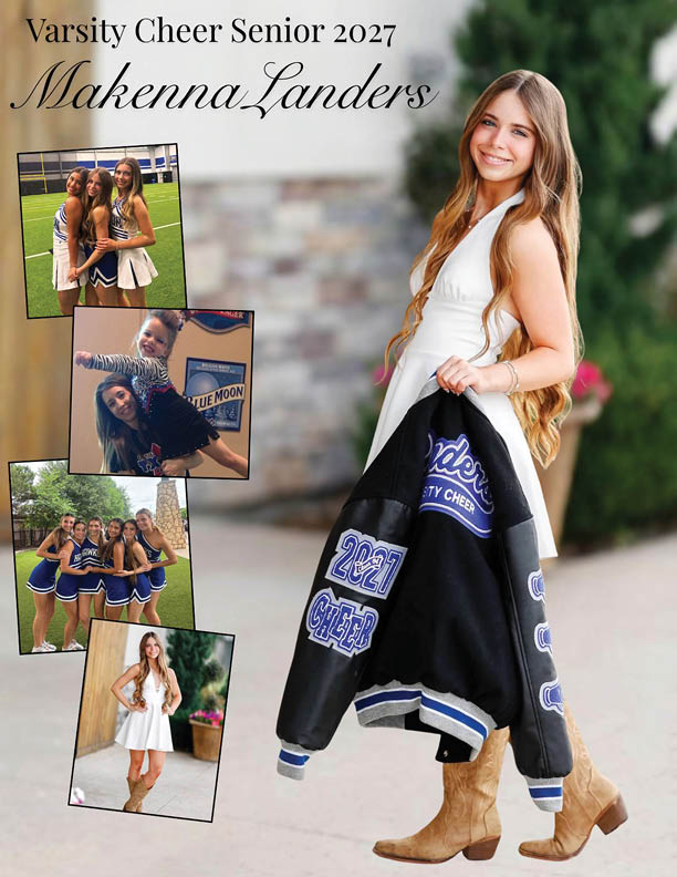 Three adults in cheerleading uniforms pose together on a sports field above a photo of an adult holding a smiling child dressed in a zebra-patterned outfit. Description generated by AI