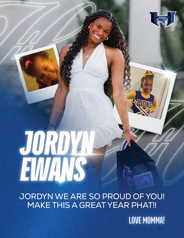 A person in a white dress smiles while holding a graduation cap with two childhood photos and text expressing pride and encouragement for Jordyn Ewans. Description generated by AI