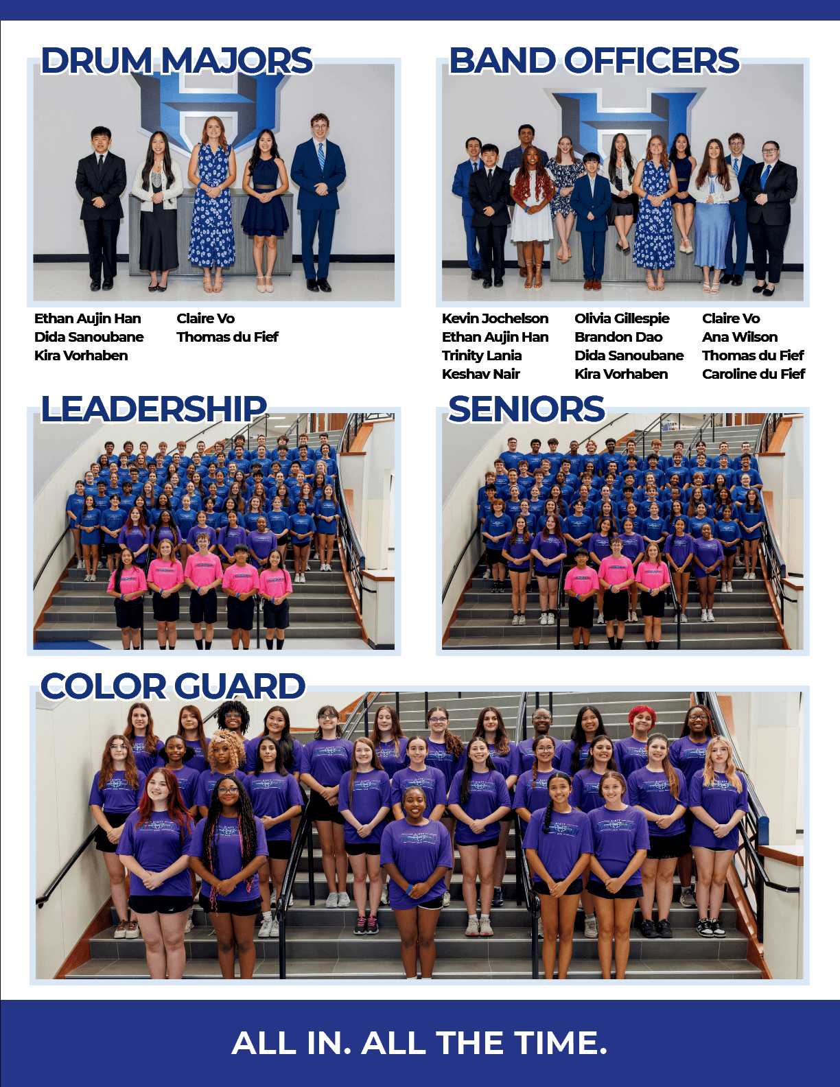 A large group of people wearing blue, purple, and pink shirts are arranged on stairs and in rows for a band photo with smaller inset photos showing drum majors, band officers, leadership, seniors, and color guard members. Description generated by AI
