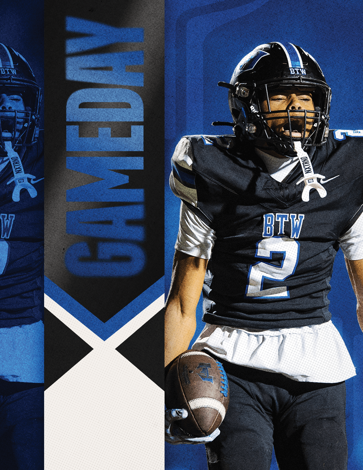 A person in a black football uniform with the number 2 and the letters BTW is holding a football and appears to be shouting or celebrating next to a vertical banner that says GAMEDAY. Description generated by AI