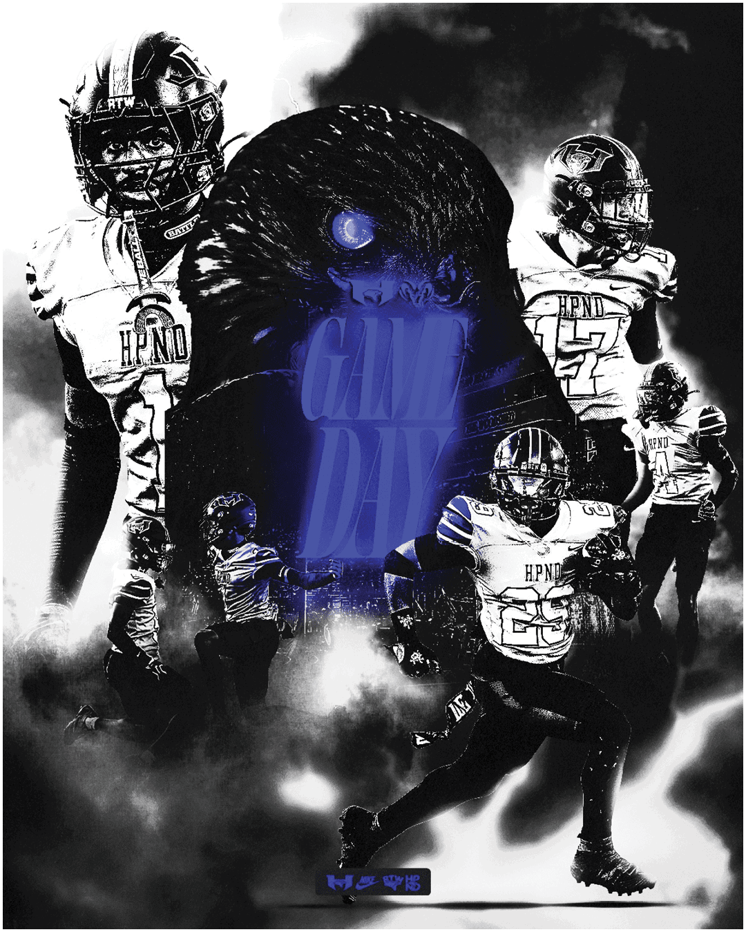 Multiple people in football uniforms are shown in dynamic poses around a large dark bird with glowing blue eyes and the words “GAME DAY" in blue light. Description generated by AI