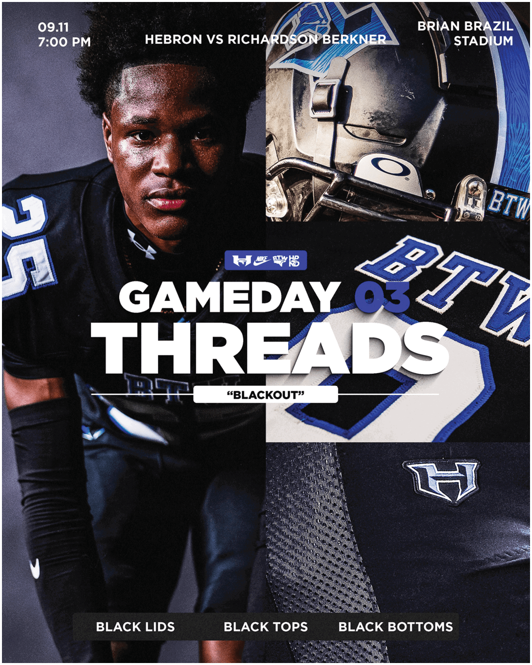 A person in a black football uniform with the number 25 is featured alongside close-up images of a helmet and jersey with the letters BTW and the text promoting a football game between Hebron and Richardson Berkner at Brian Brazil Stadium with a blackout theme. Description generated by AI