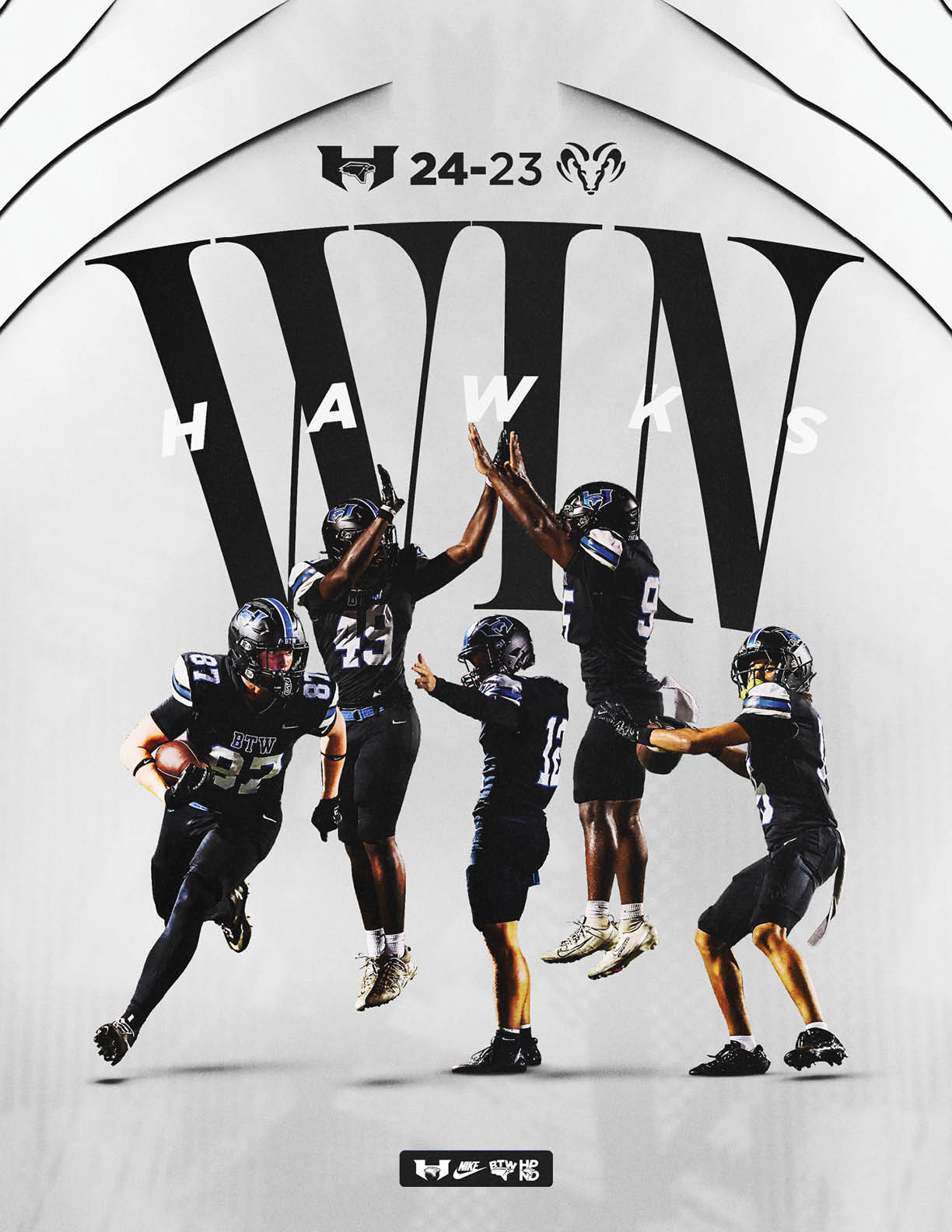 Four people in black football uniforms celebrating with high fives in front of large text that says “WIN" and "HAWKS" with a score displayed above. Description generated by AI