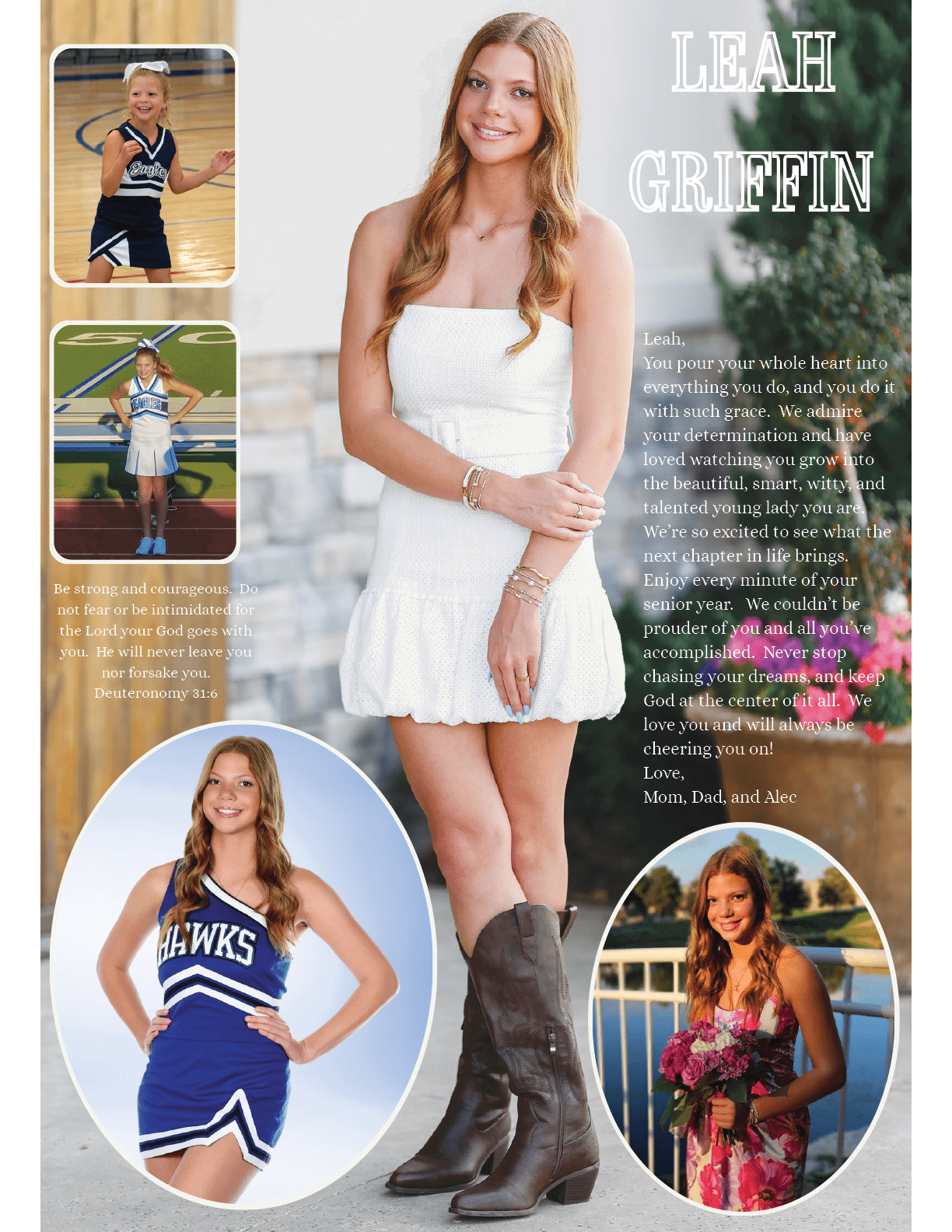 An adult with long hair wearing a white dress and boots stands smiling in a garden setting surrounded by smaller images of the same person in a cheerleading uniform and a motivational message. Description generated by AI