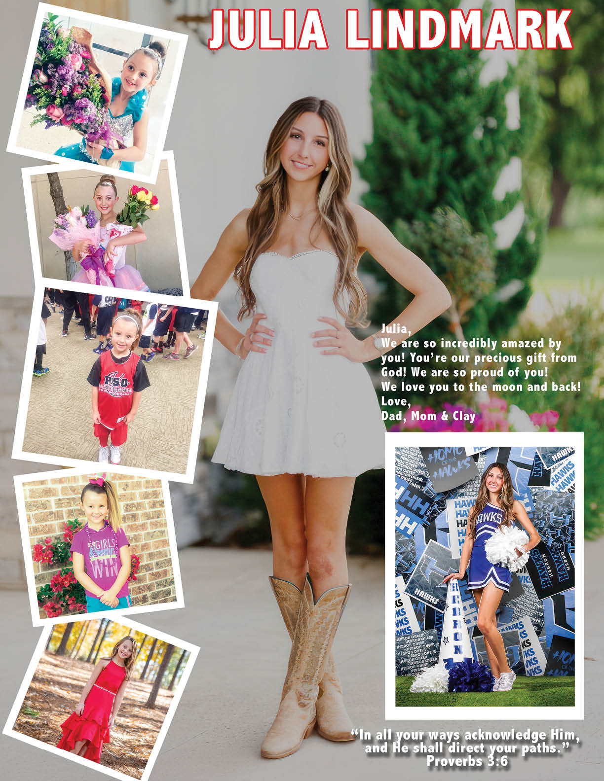 A person in a white dress and cowboy boots stands confidently outdoors surrounded by smaller photos showing the same person at different ages and events, with text expressing love and a Bible verse. Description generated by AI