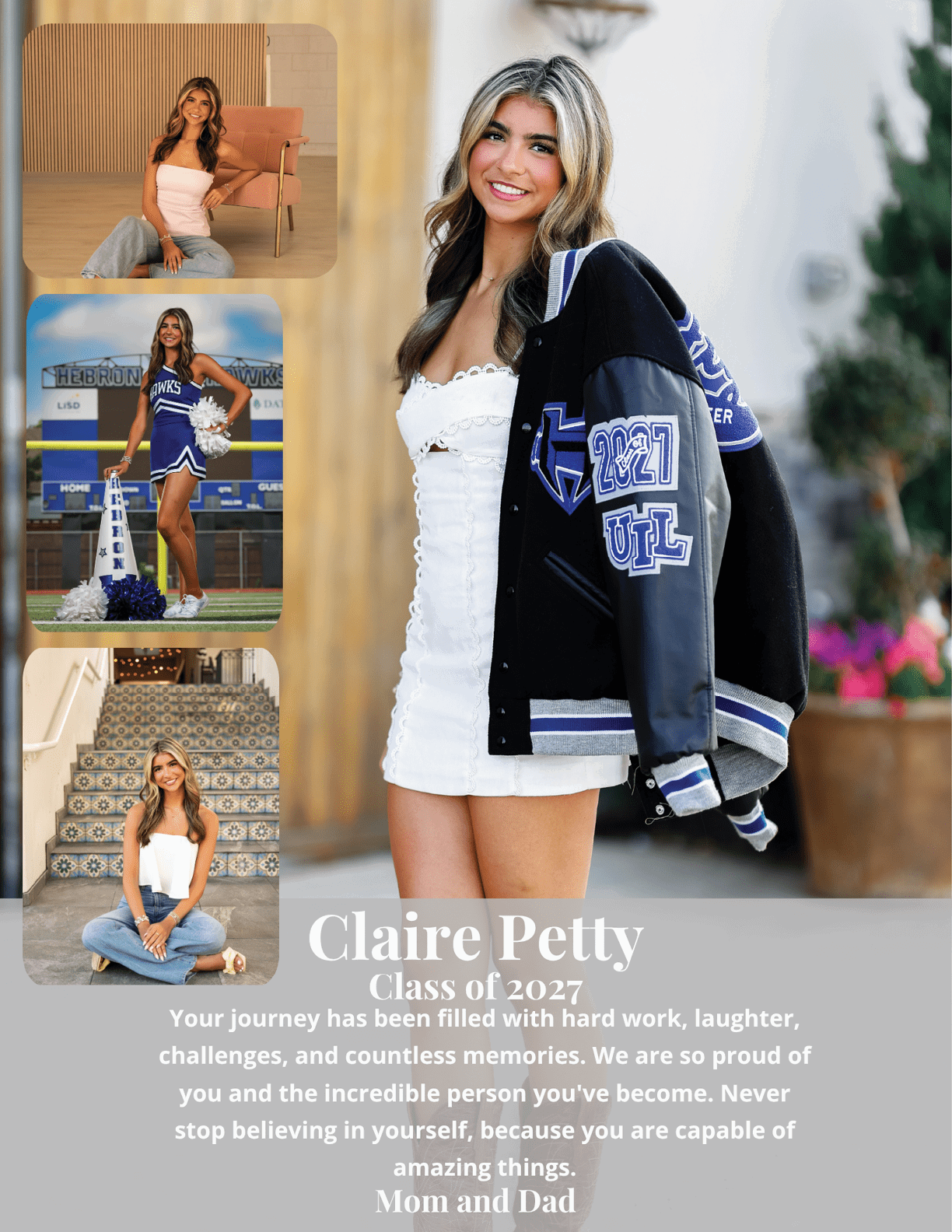 A person with long hair wearing a white dress and a letterman jacket stands smiling outdoors alongside smaller photos showing the same person in casual and cheerleading outfits with a congratulatory message for the class of 2027. Description generated by AI