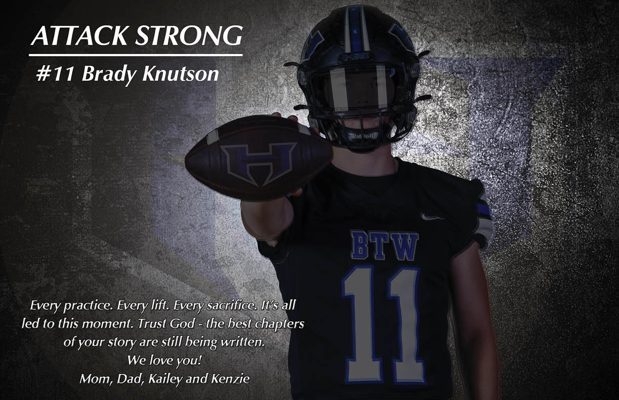 Four people wearing matching black sports uniforms with the number 58 and the letters BTW pose confidently against a dark textured background with a large stylized H, accompanied by the text encouraging strength and courage from family members. Description generated by AI
