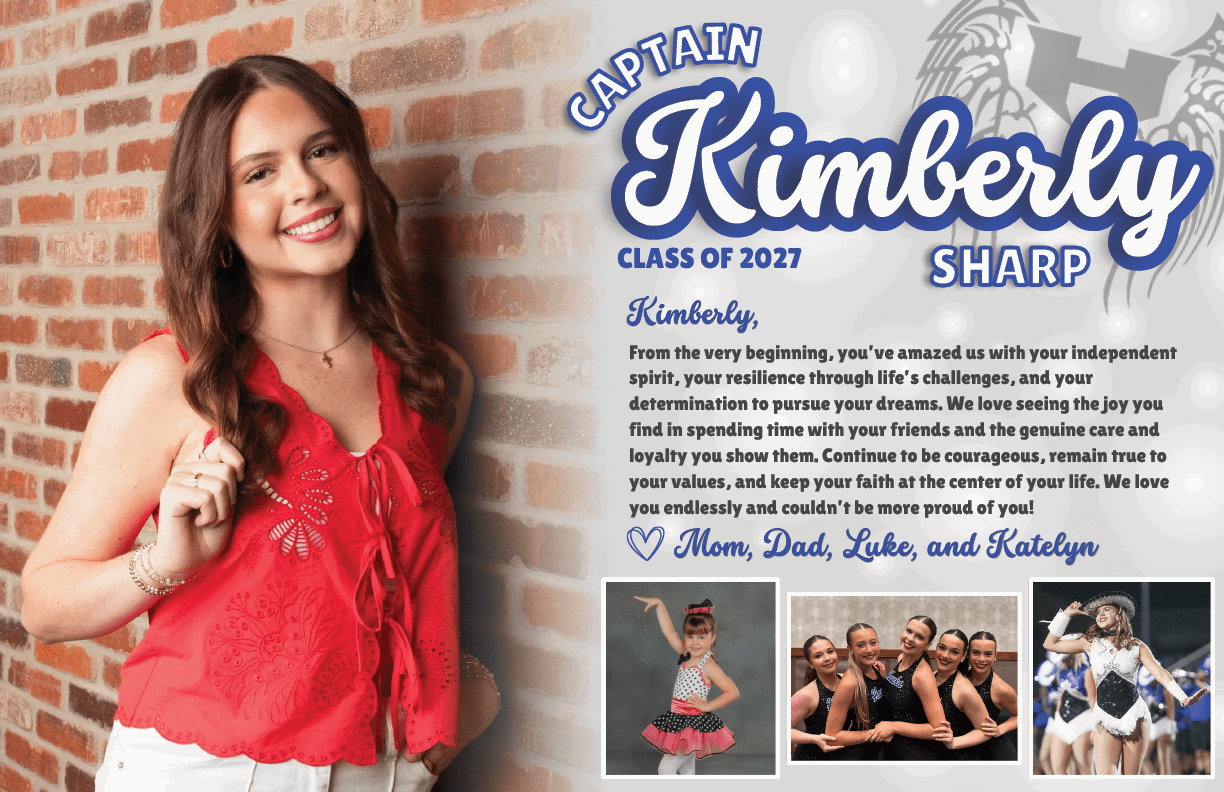A person in a red sleeveless blouse and white pants stands smiling against a brick wall next to a celebratory graphic for a 2027 class member named Kimberly Sharp with a heartfelt message and three smaller photos of children performing dance routines. Description generated by AI