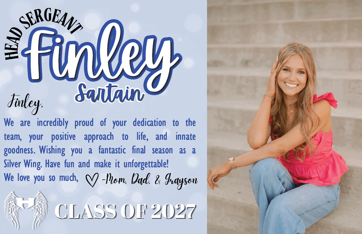 A person with long hair wearing a pink sleeveless top and blue jeans is sitting on outdoor steps smiling next to a blue graphic congratulating Head Sergeant Finley Santain from the Class of 2027 with a heartfelt message from family. Description generated by AI