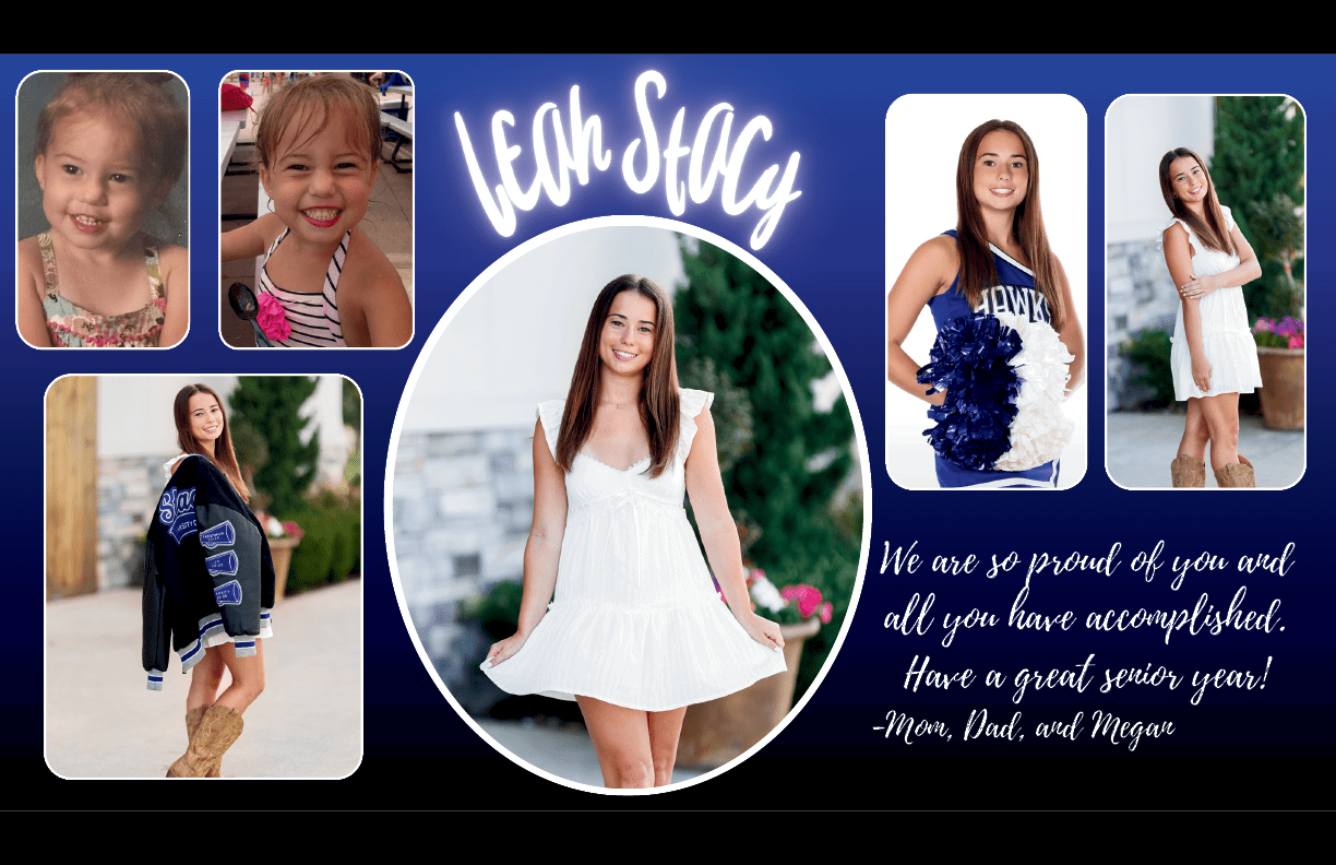 A collage of a person at different ages and stages, including childhood and senior year, with the person wearing casual and cheerleading outfits, accompanied by a congratulatory message from family. Description generated by AI