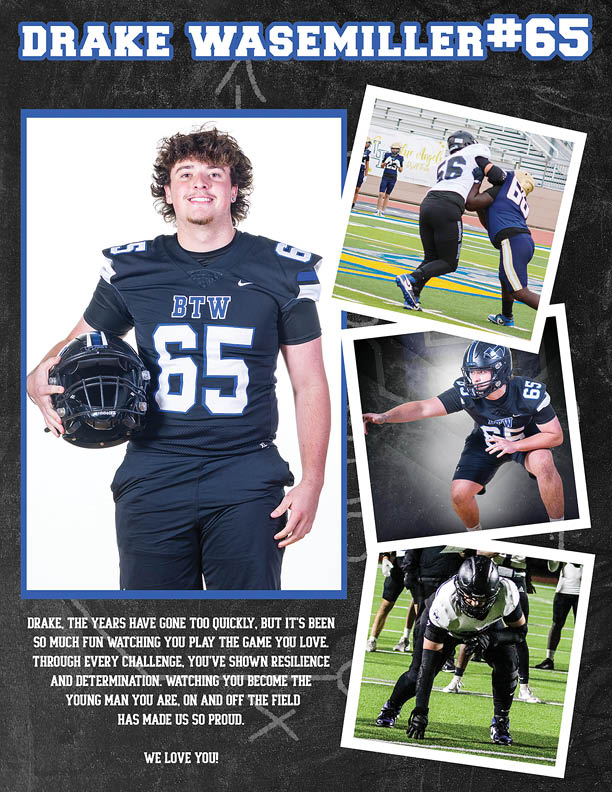 A person wearing a black football uniform with the number 65 and holding a helmet poses confidently alongside three action shots of the same person playing football on a field, with a heartfelt message about resilience and pride. Description generated by AI