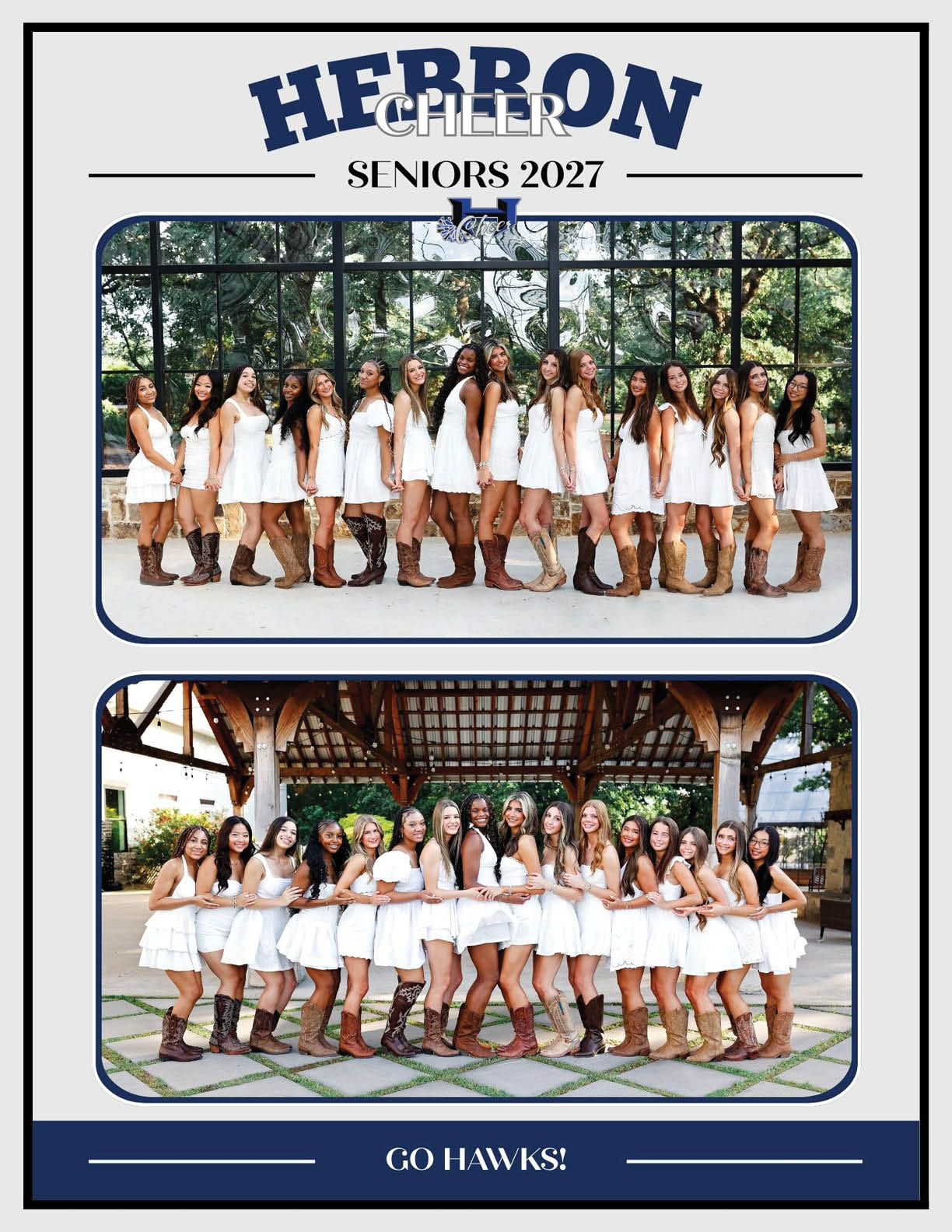 A group of adults dressed in white dresses and brown boots pose together outdoors in two different group photos under natural and covered settings with greenery in the background. Description generated by AI
