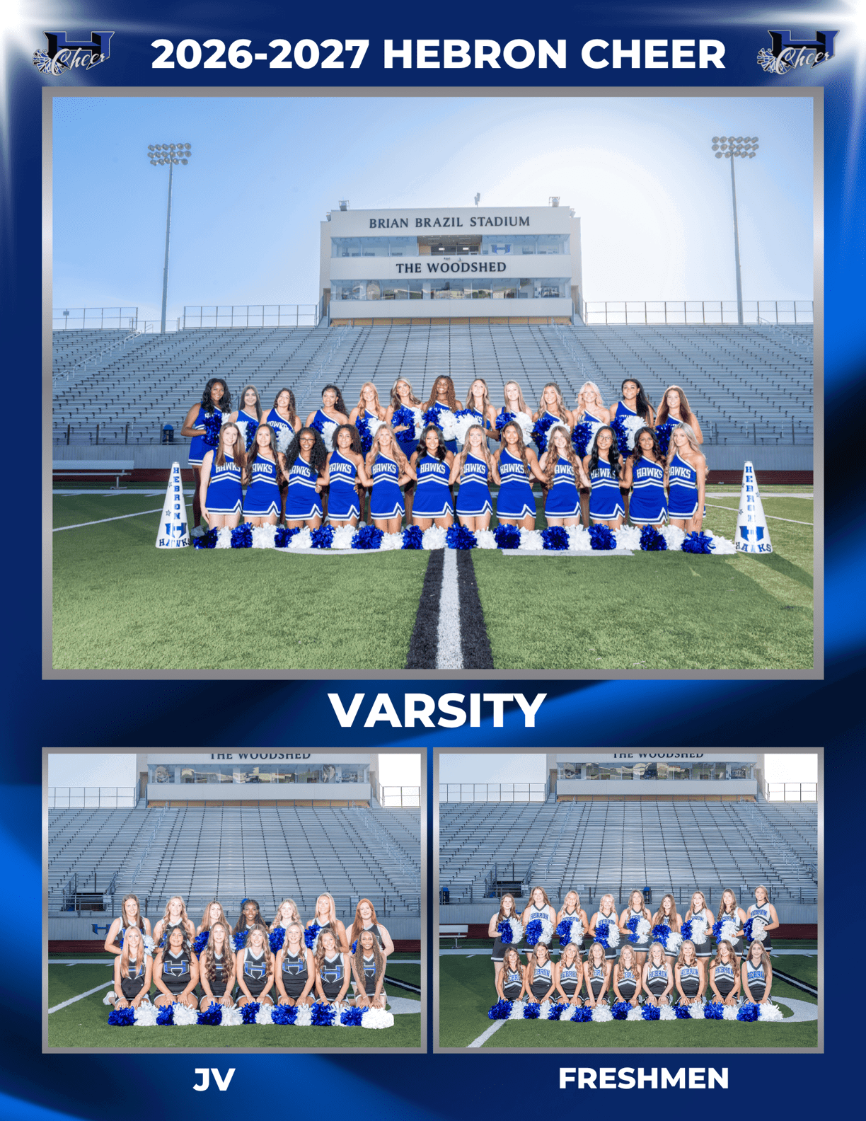 A group of people in blue and white cheerleading uniforms pose in three separate team photos labeled Varsity, JV, and Freshmen on a football field with empty bleachers and a stadium press box in the background. Description generated by AI