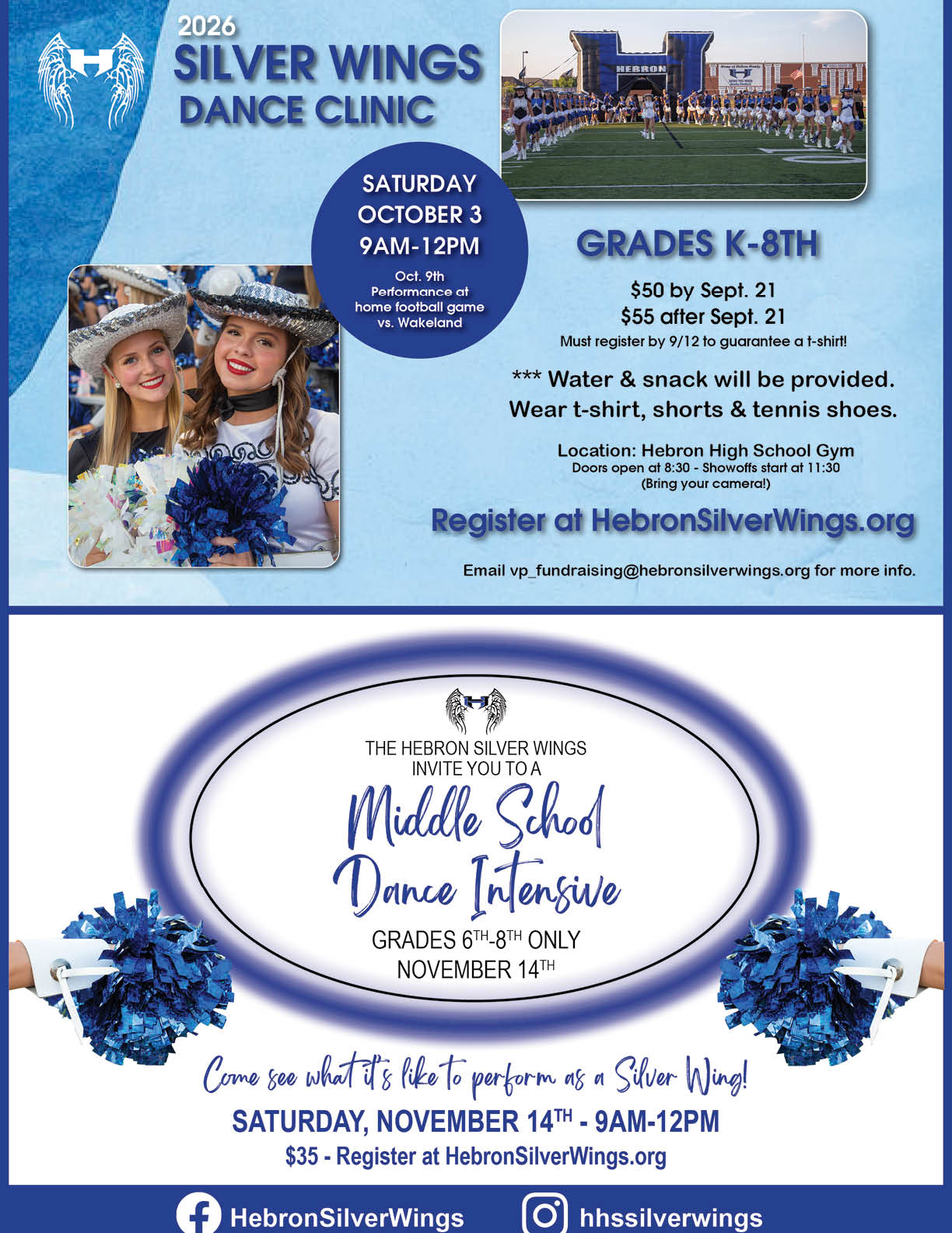 Two flyers advertise the 2026 Silver Wings Dance Clinic for grades K-8 with a Saturday event including water, snacks, and a t-shirt, and a Middle School Dance Intensive for grades 6-8 with a Saturday event, both featuring people in dance uniforms and pom-poms. Description generated by AI